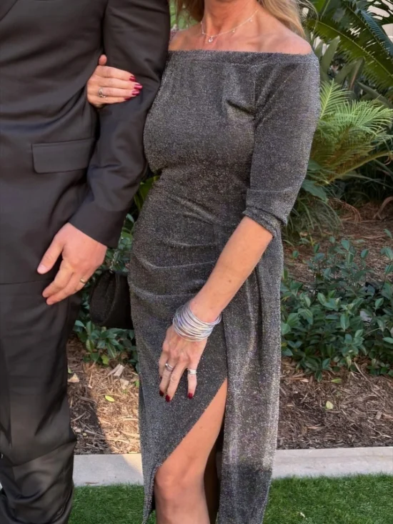 Cupshe Black Off-Shoulder Sparkle Midi Dress with Side Slit - Picture 2 of 4